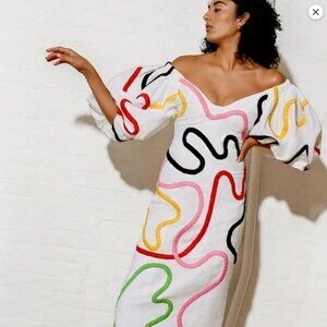 Mara Hoffman Namari Puff Sleeve Printed Linen Off the Shoulder Midi Dress Size 6